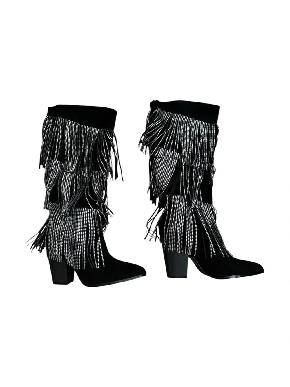 Black Suede Fringe Knee-High Boots with Rhinestones